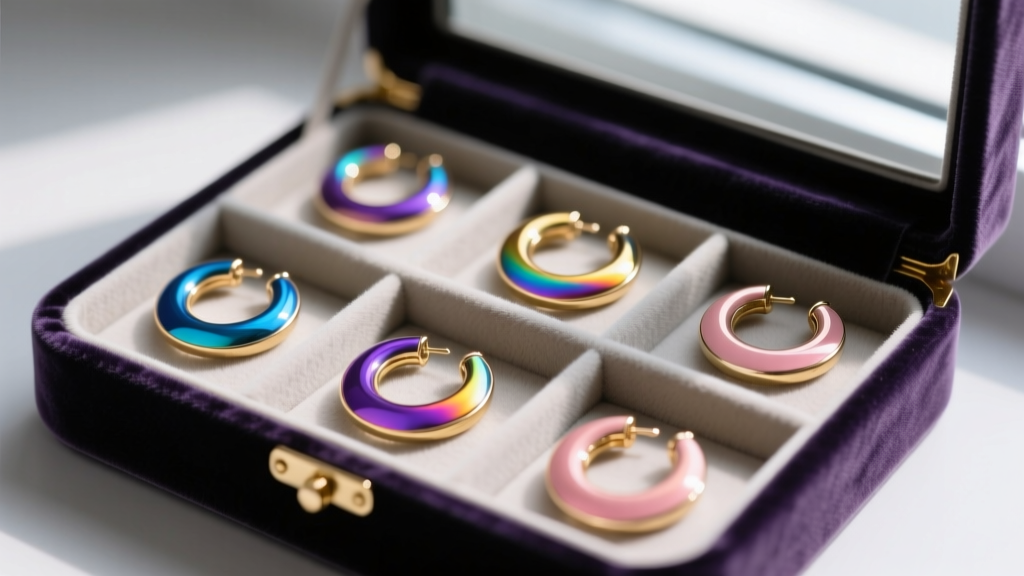 Velvet jewelry box storing rainbow hoop earrings in separate compartments to prevent scratching their delicate iridescent surfaces.