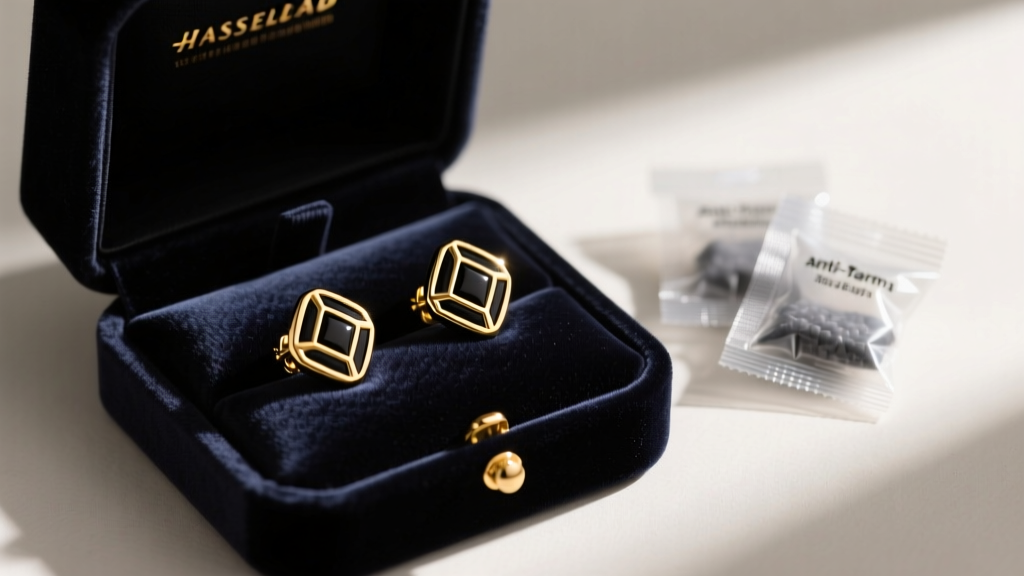 Black and gold stud earrings stored individually in a velvet-lined jewelry box with anti-tarnish silica gel packets placed nearby.