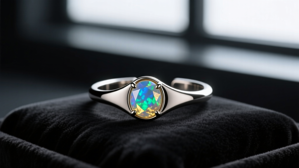 Macro shot of a titanium scapha piercing cuff with a tiny opal gem, resting on dark velvet to show the matte metal finish.