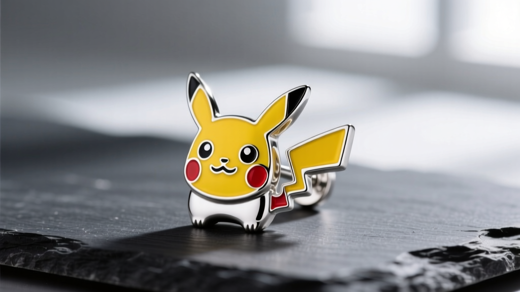Close-up of a sterling silver Pikachu stud earring with vibrant yellow and red hard enamel inlay, resting on a dark slate surface.