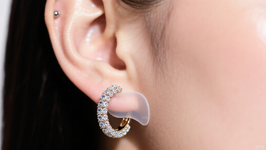 Close-up of a pierced earlobe wearing a heavy diamond pavé hoop earring supported by a clear silicone anti-sag patch behind the earlobe