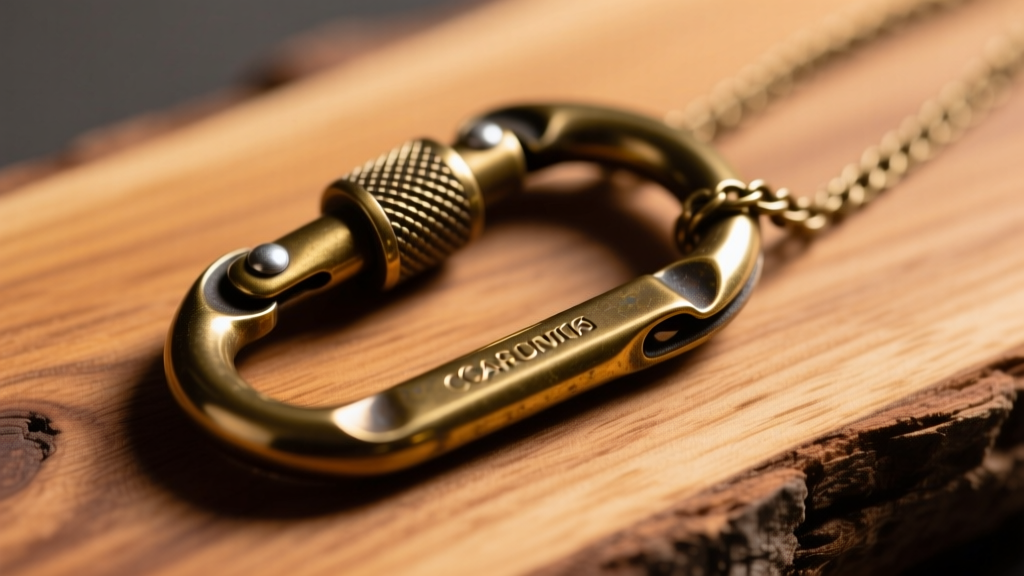 Side view of a solid brass screw-lock necklace carabiner with dark patina resting on raw oak wood with soft directional shadows