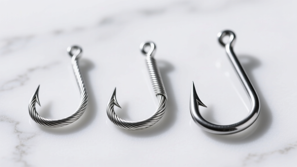 Macro photo comparing three silver fish hook wire gauges side-by-side on white marble, highlighting thickness differences clearly.