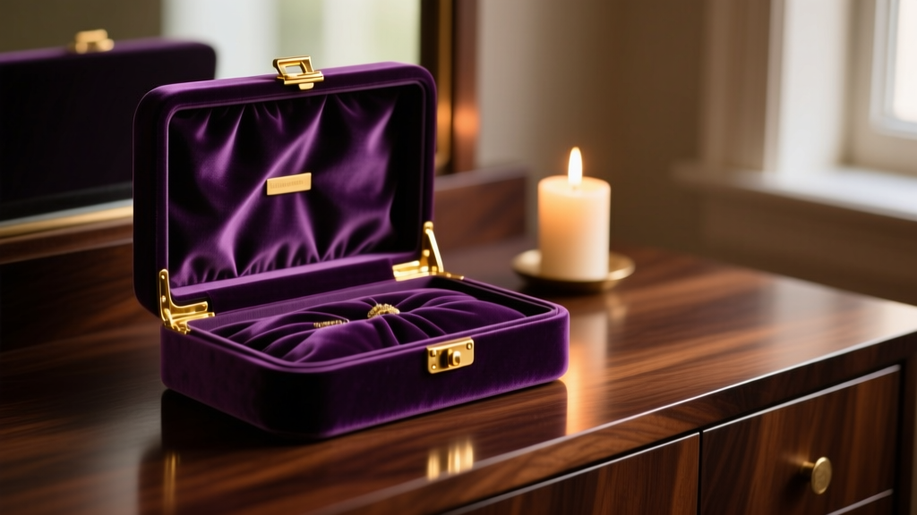 Deep purple velvet jewelry box on dark wood vanity with polished brass hinges and plush fabric pile in warm, moody candlelight.