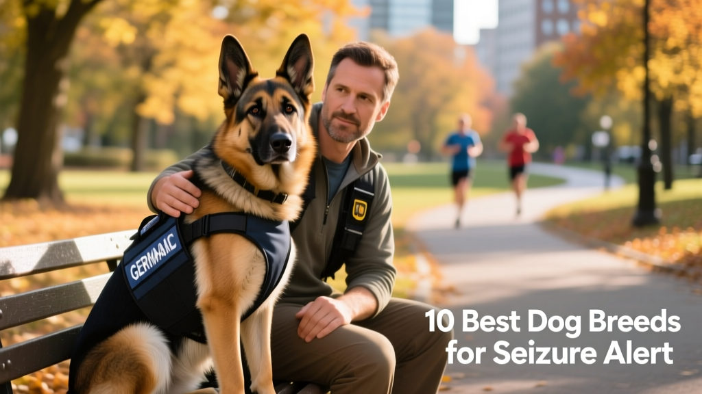 A well-groomed German Shepherd wearing a service vest, sitting attentively beside its handler on a park bench