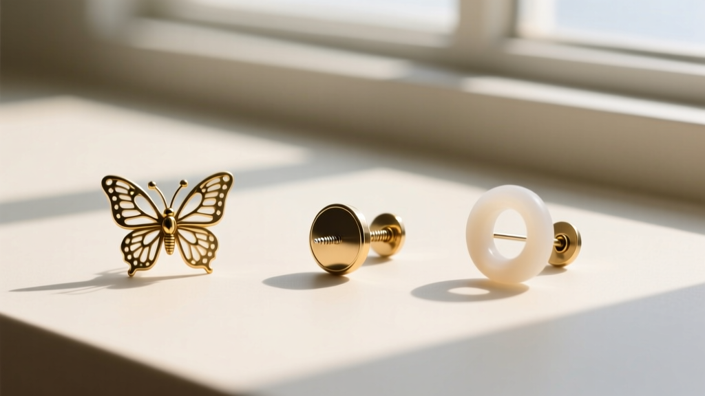 Flat lay comparison of steampunk stud earring backings: a butterfly clutch, a threaded flat back, and a silicone o-ring stopper
