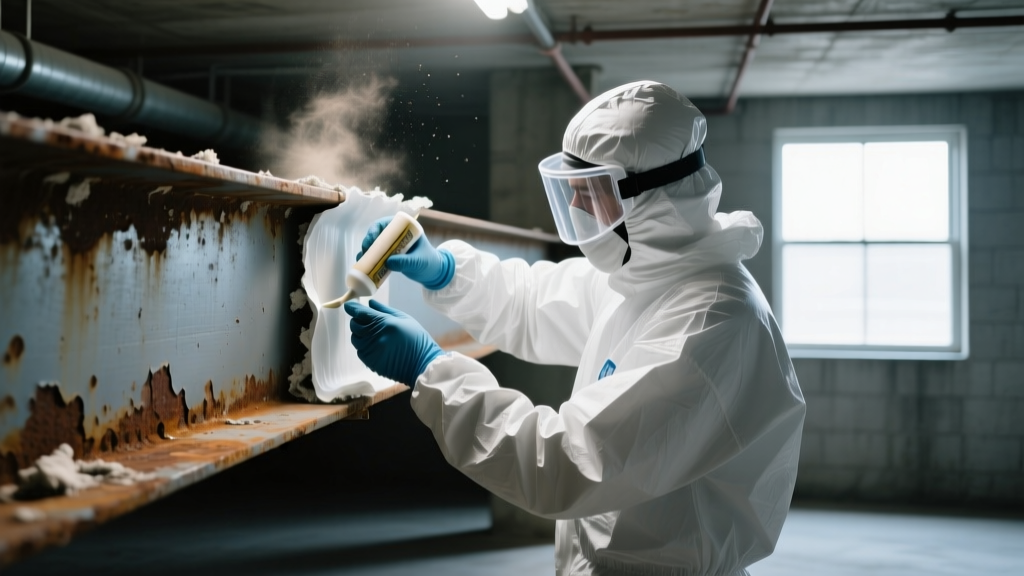 Certified abatement worker in a white Tyvek suit sealing off legacy asbestos fireproofing on a steel beam in a commercial basement