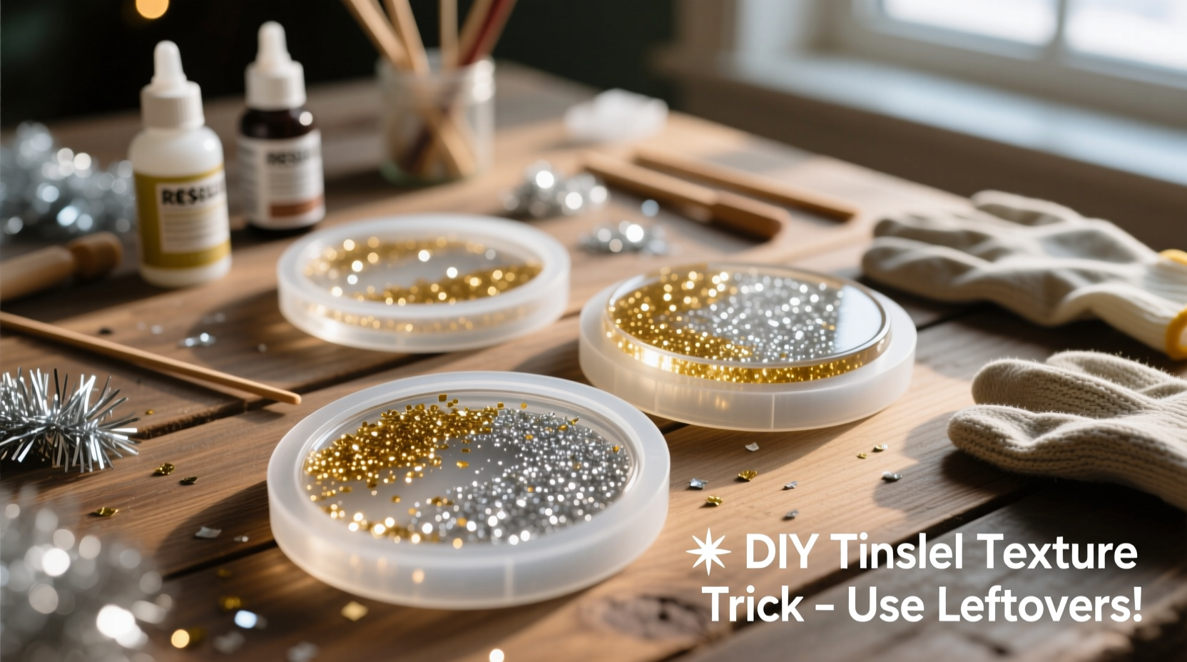 how to use leftover tinsel as subtle texture in diy resin coasters