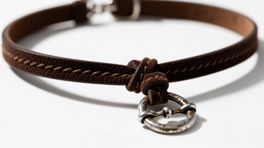 Close-up of a dark brown suede Ralph Lauren bolo-style leather necklace featuring a tarnished silver stirrup slide pendant