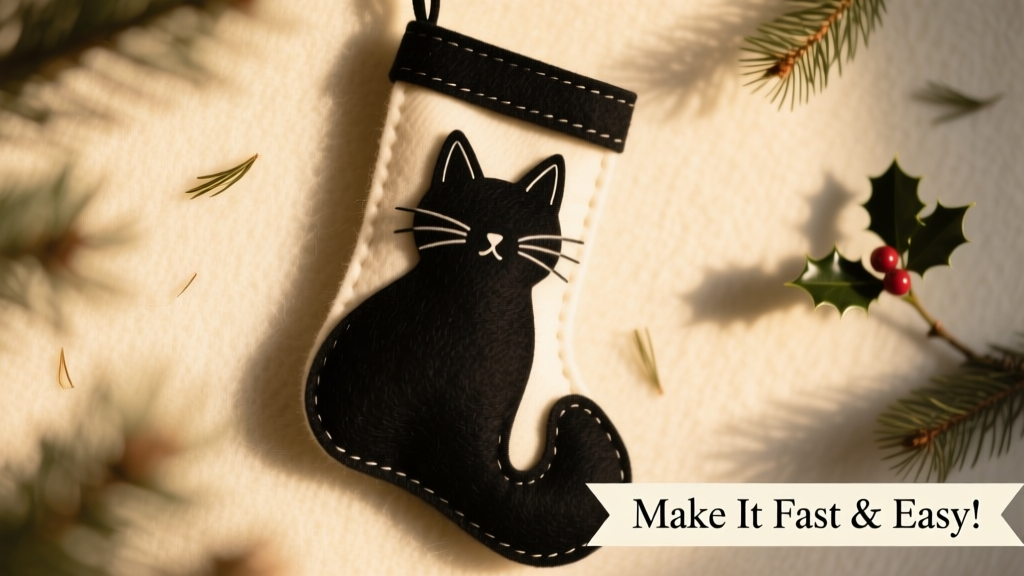 A finished silhouette portrait stocking showing a cat profile cut from black felt on a cream wool background