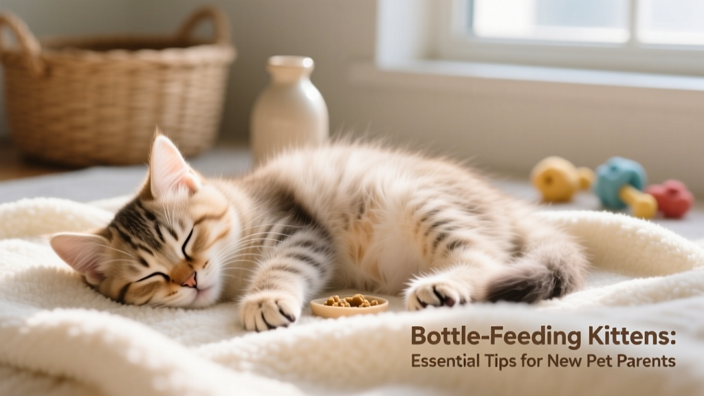 Healthy kitten sleeping peacefully on a soft blanket, belly gently rounded after a recent feeding
