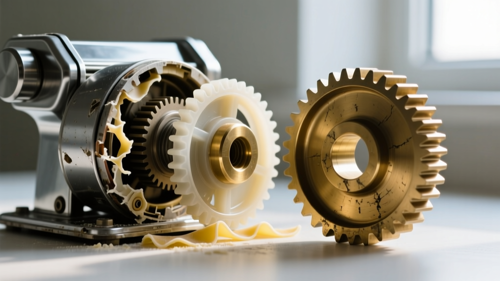 Disassembled pasta maker motor showing stripped plastic internal gears next to a solid brass gear from a commercial extruder