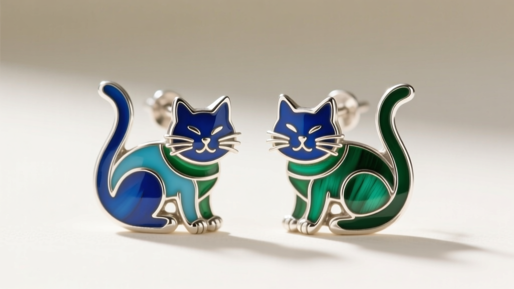Macro shot of vintage Laurel Burch silver cat earrings featuring vibrant blue and green vitreous enamel cloisonné work.