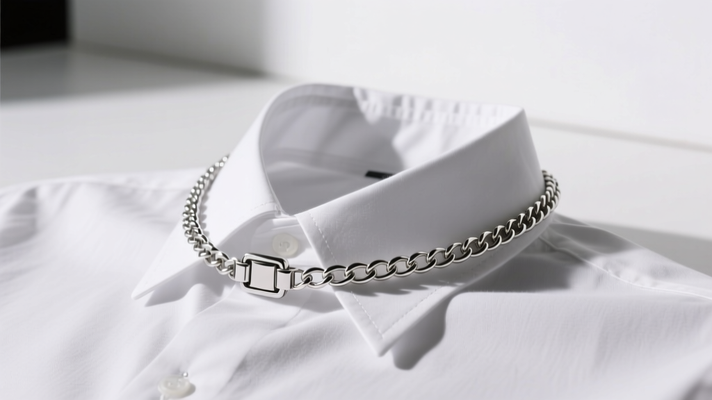 Silver collar necklace on a white cotton shirt collar, soft lighting highlighting the intricate metal chain links and clasp.