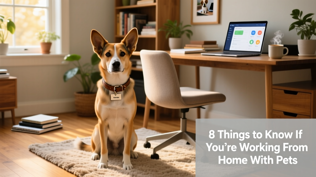 A dog sitting upright beside a home office chair, looking alert and engaged