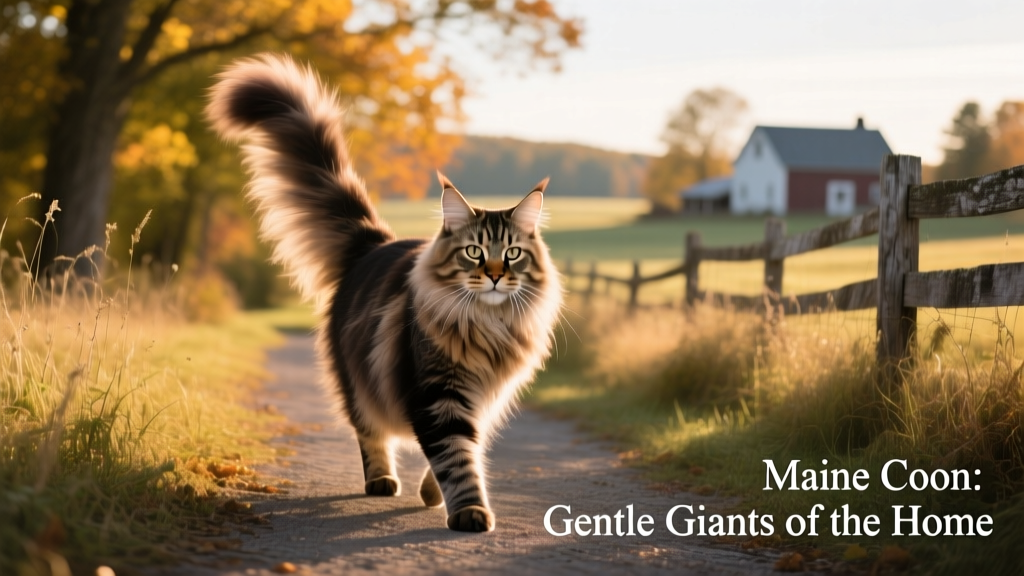 Maine coon cat with long fluffy tail walking outside
