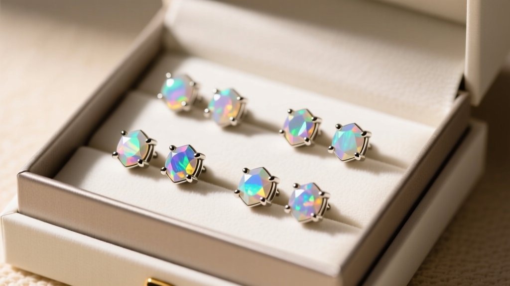 Titanium flat-back labret studs with opal gems in a gift box, designed for healing cartilage piercings and thick earlobes.