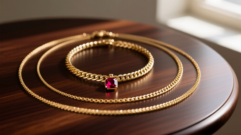 Flat lay of three layered vintage gold necklaces including a herringbone chain and ruby pendant on a dark mahogany wooden table