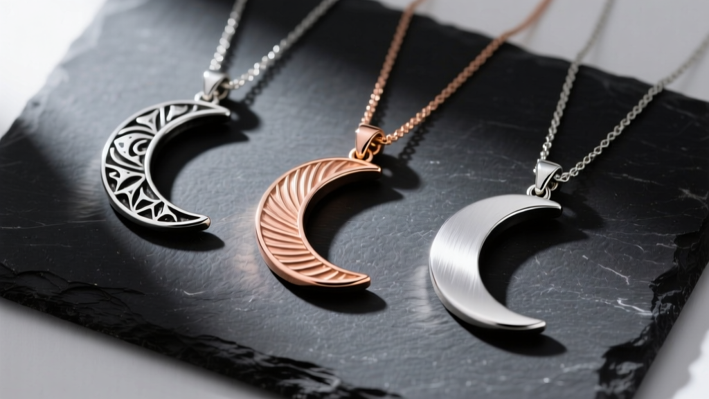 Flat lay of three crescent pendants in oxidized sterling silver, rose gold, and brushed titanium on dark slate, studio lighting.