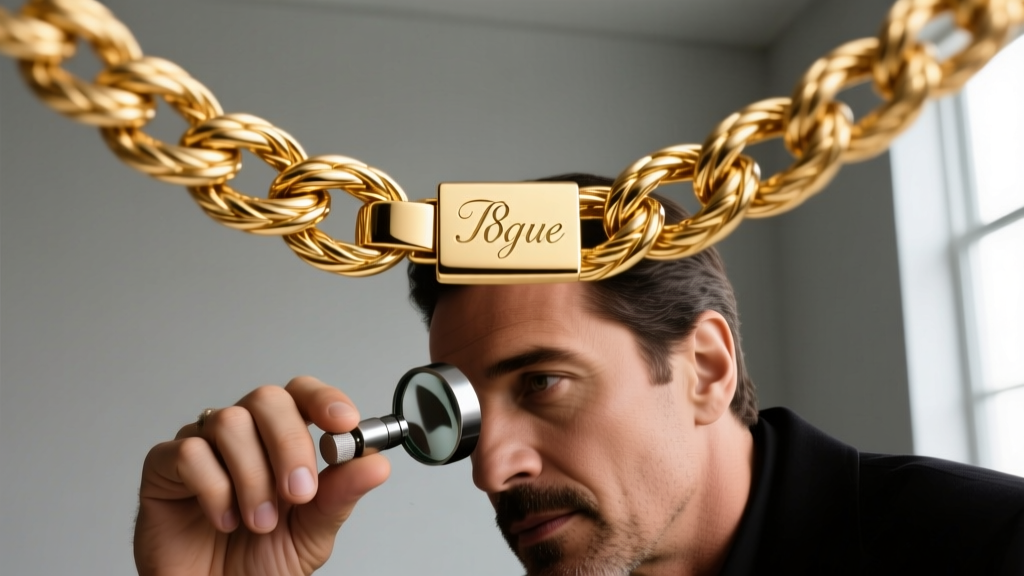 Jeweler using a loupe to examine the clasp of an 18k gold rope chain, revealing detailed metal textures and hallmarks.