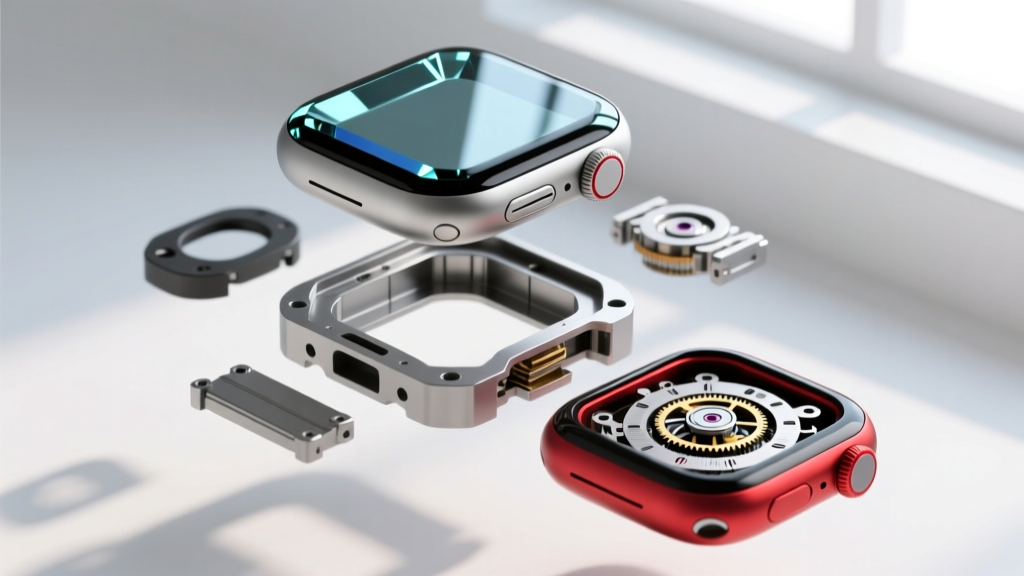 Exploded view diagram of a smartwatch chassis highlighting the sapphire crystal, titanium midframe, and haptic engine components
