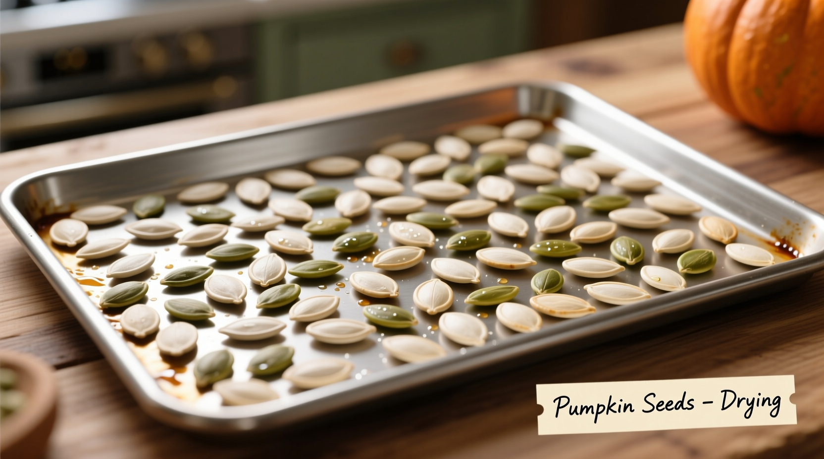 Fresh pumpkin seeds spread on baking sheet for drying