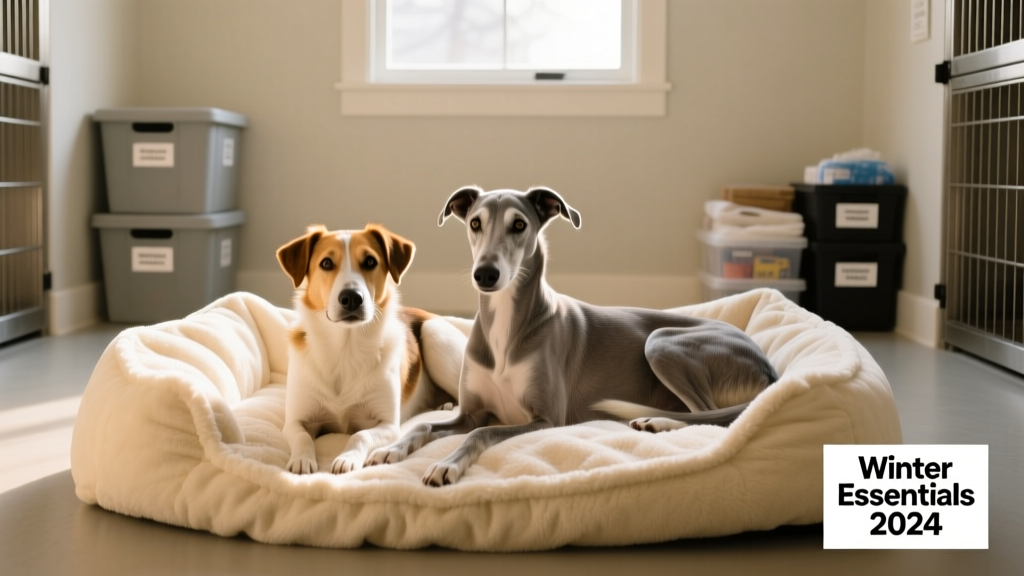 Two shelter dogs resting side-by-side on a soft, oversized fleece dog bed in a clean kennel
