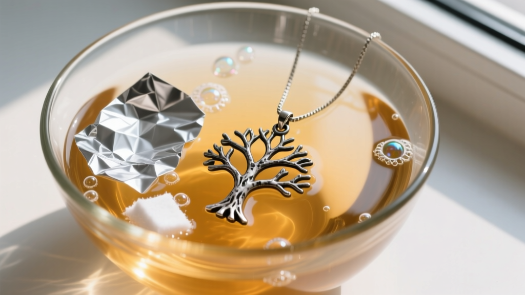 Overhead view of a glass bowl with aluminum foil, warm water, baking soda, and a tarnished silver tree pendant soaking inside