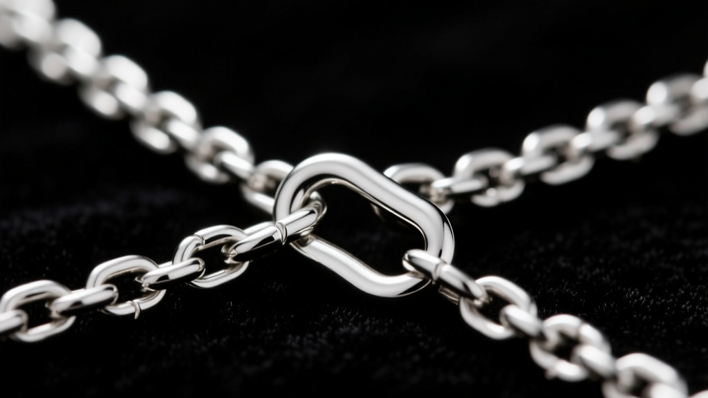 Macro shot of a tangled 1.5mm sterling silver box chain on dark velvet, highlighting a kinked link under soft studio lighting.