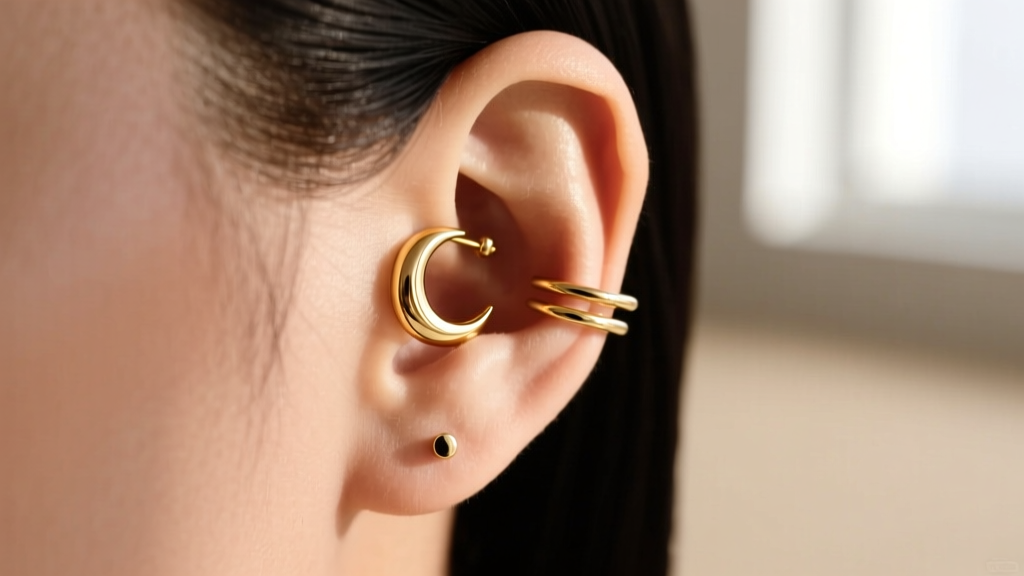 Ear stack featuring a golden earring moontan piece in the lobe, paired with a 16g gold cartilage hoop and tiny stud