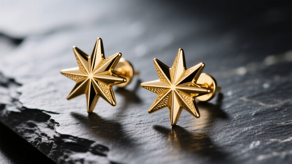 Macro shot of 14k solid gold starburst stud earrings on dark slate, highlighting textured rays and bright polish