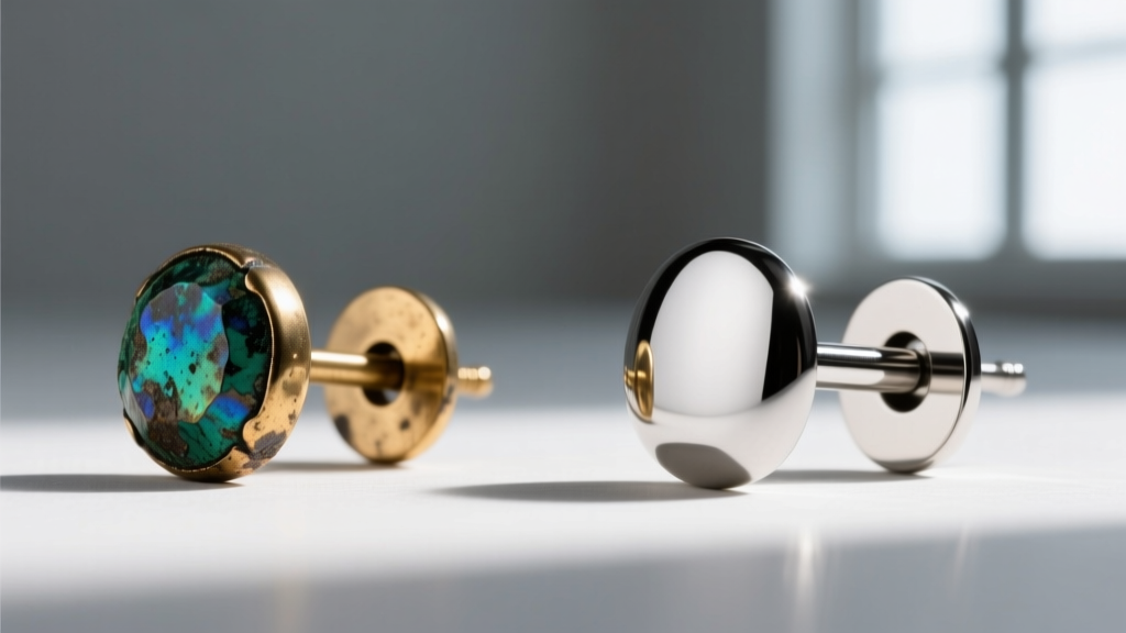 Side-by-side view of a tarnished brass earring post with oxidation next to a polished mirror-finish ASTM F136 titanium post.