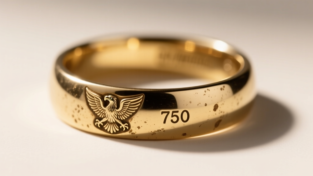 Macro photo of a vintage gold ring shank revealing an eagle head hallmark and 750 stamp under bright jeweler's loupe lighting.