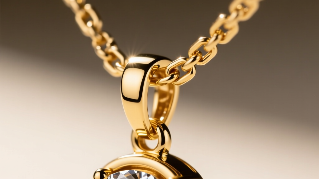Close-up of a 3mm Cuban chain threading through a reinforced diamond pendant bail, highlighting the polished gold metal texture.