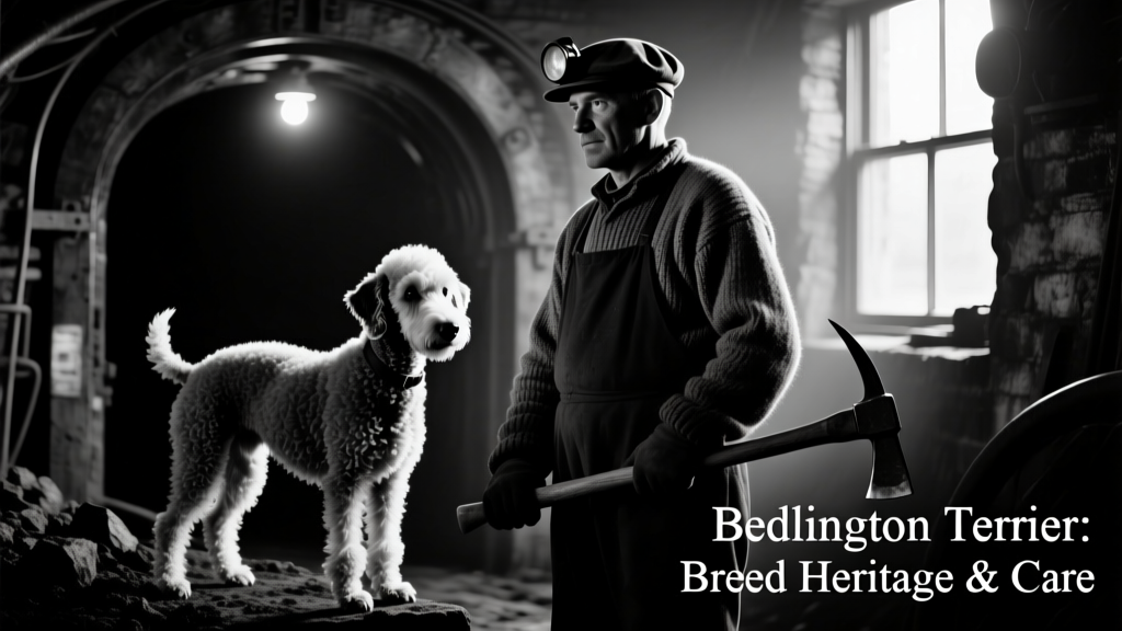 Historic black-and-white photo of a Bedlington terrier posing beside a Victorian-era miner, reflecting the breed’s working-class origins