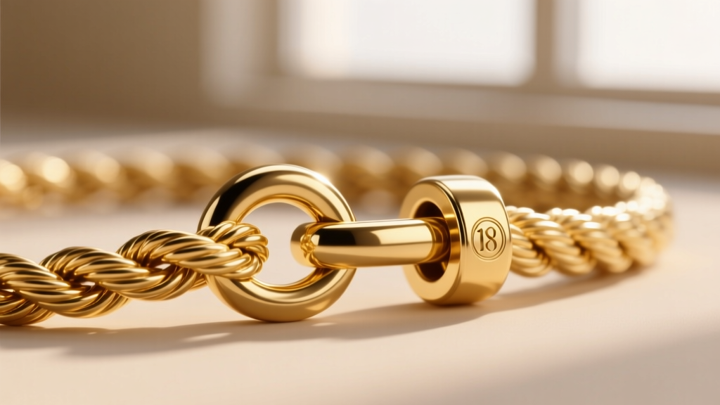 Extreme close-up of a threaded barrel clasp on a heavy 18k gold rope chain highlighting precision machining and hallmark stamp