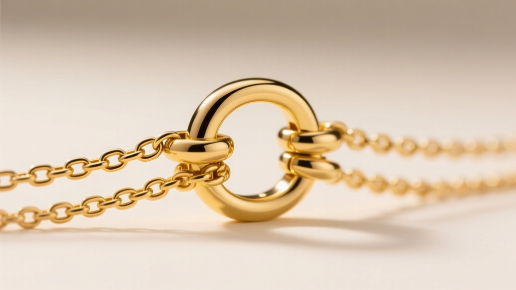 Macro shot of a 14k yellow gold magnetic multi-strand spacer clasp securing three separate necklace chains to prevent tangling
