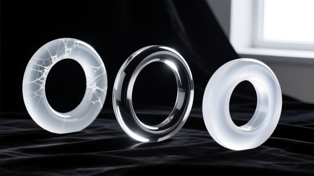 Three lucite hoops: one scratched, one polished, and one new cell-cast piece showing clarity under studio lights on dark velvet.