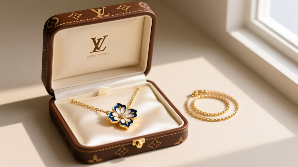 LV Floragram necklace stored flat inside its original branded brown jewelry box, with the floral pendant separated from the chain.