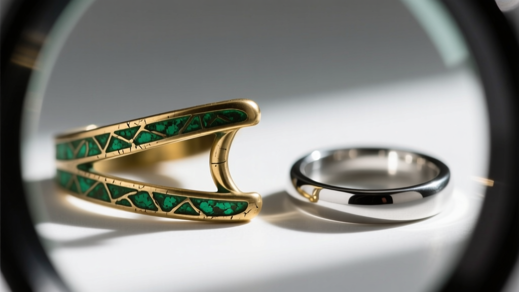 Jeweler loupe view of a worn rhodium-plated brass prong showing green oxidation, contrasted with a pristine titanium jump ring