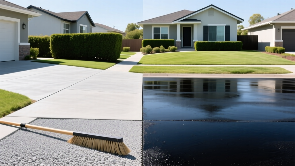 Split-view of a broom-finished concrete driveway beside a newly sealed dark asphalt pavement in a bright suburban setting