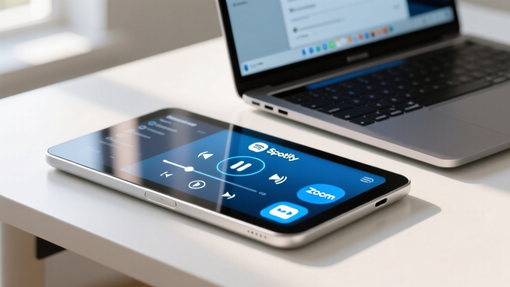 A macro shot of a customizable smart macro pad with LCD keys displaying Spotify controls and Zoom mute shortcuts next to a laptop.