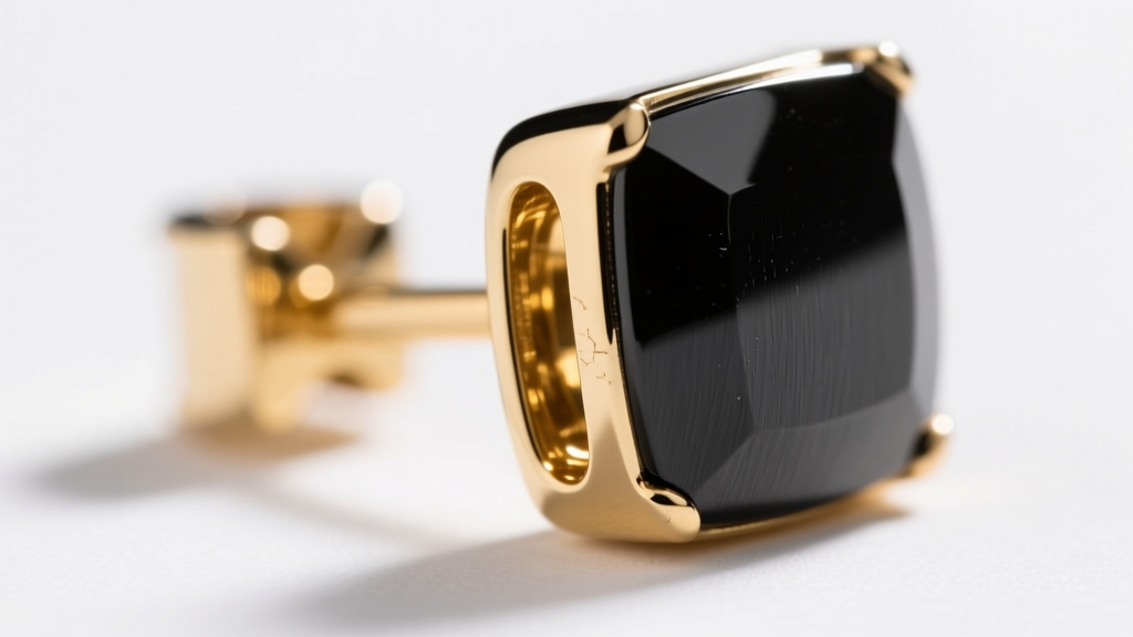 Macro shot of black rhodium and gold vermeil earring clasp showing the two-tone metal boundary under bright studio lighting.