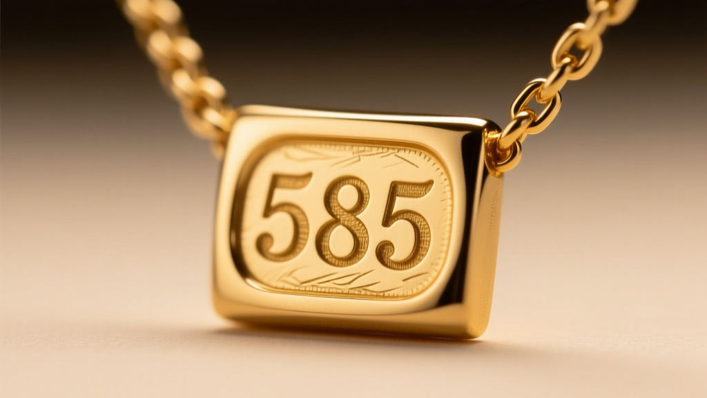 Macro view of a gold necklace hallmark stamp reading 585, lit by LED light to show the crispness of the official engraving