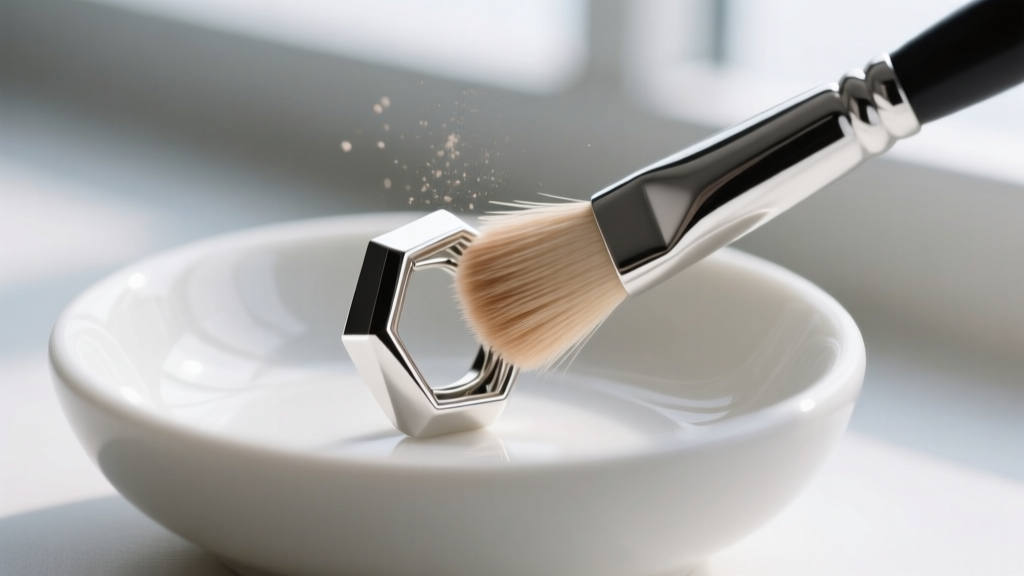 A soft-bristle detailing brush gently scrubbing the inner crevice of a sterling silver hexagonal earring over a ceramic bowl