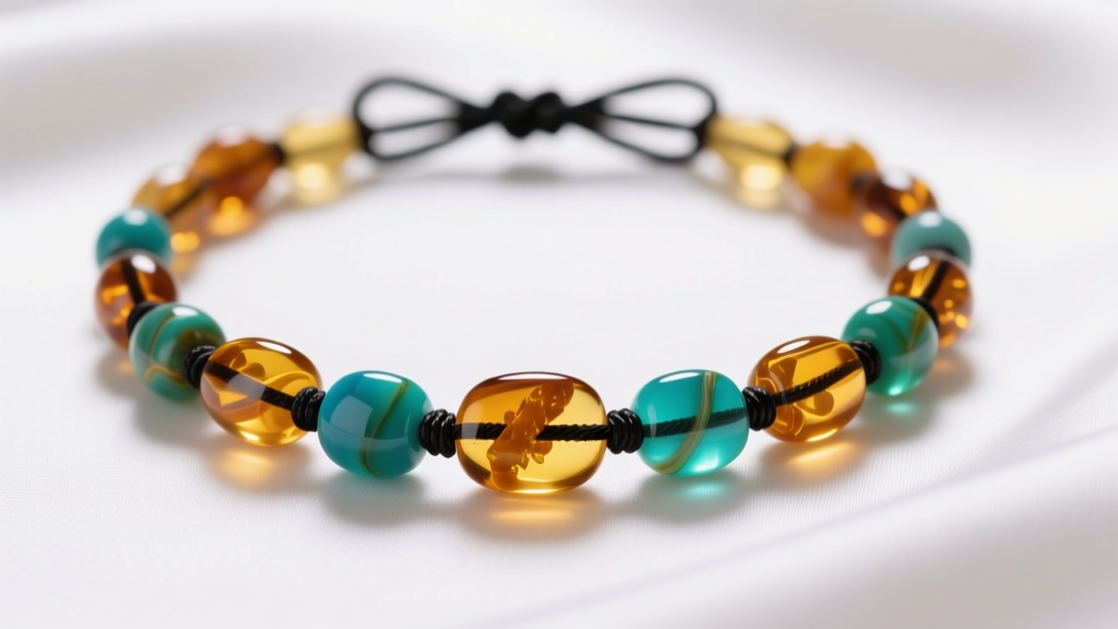 Close-up of a knotted Mexican amber necklace featuring translucent honey and rare blue-green Chiapas amber beads on white silk