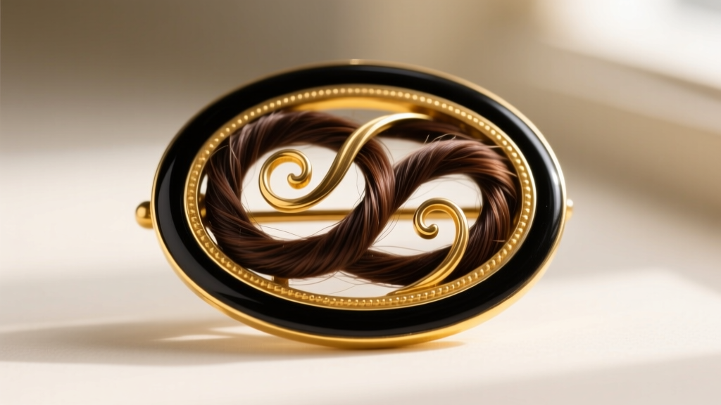 Close-up of an antique Victorian mourning brooch with woven brown human hair framed in 15k yellow gold and black enamel borders.