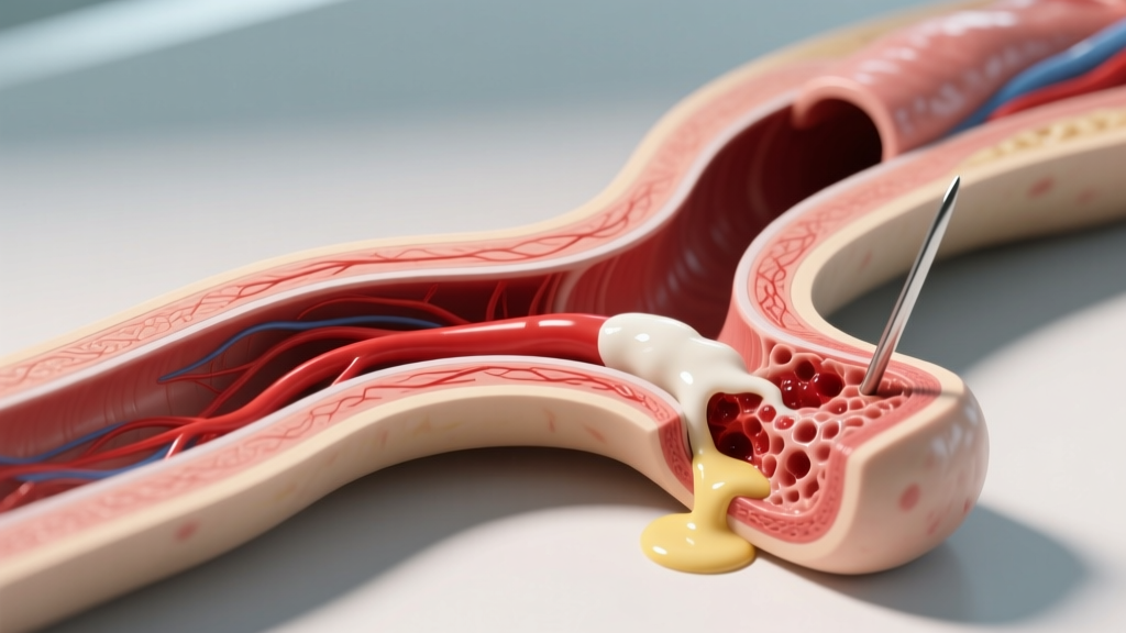 Medical illustration of a healthy fistula tract beside an infected cartilage piercing showing localized redness and purulent fluid.
