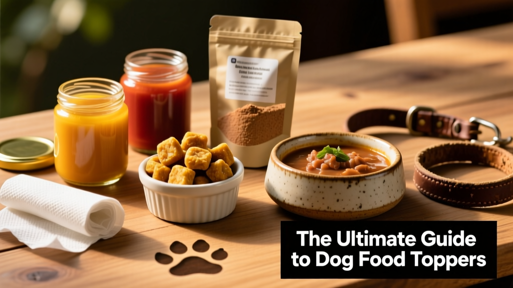 A colorful assortment of dog food toppers—broths, freeze-dried nuggets, wet stews, and powdered supplements—arranged beside a ceramic dog bowl