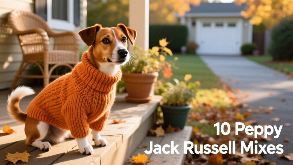brown jack russell terrier poodle mix wearing an orange sweater